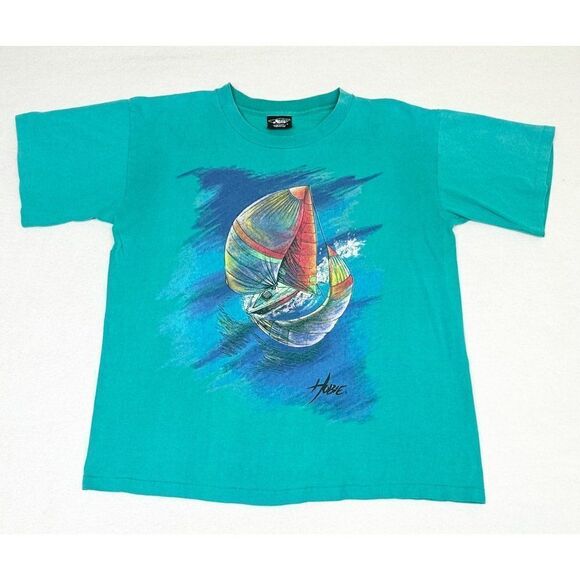 Vintage Hobie T-shirt Large Green Ocean Beach Surf Single Stitch - Picture 1 of 8